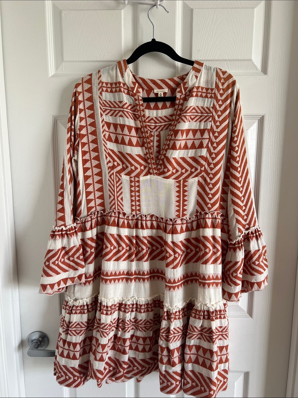 En Creme Rust and Cream Geometric Tiered Mini Dress